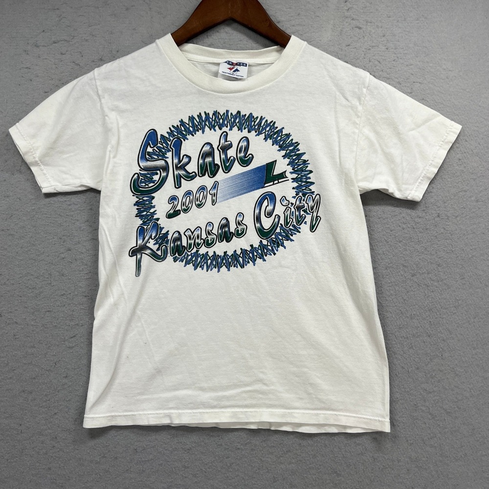 Skate 2001 Kansas City Jerzees T Shirt Youth M 10-12 White Graphic Vintage Y2K
